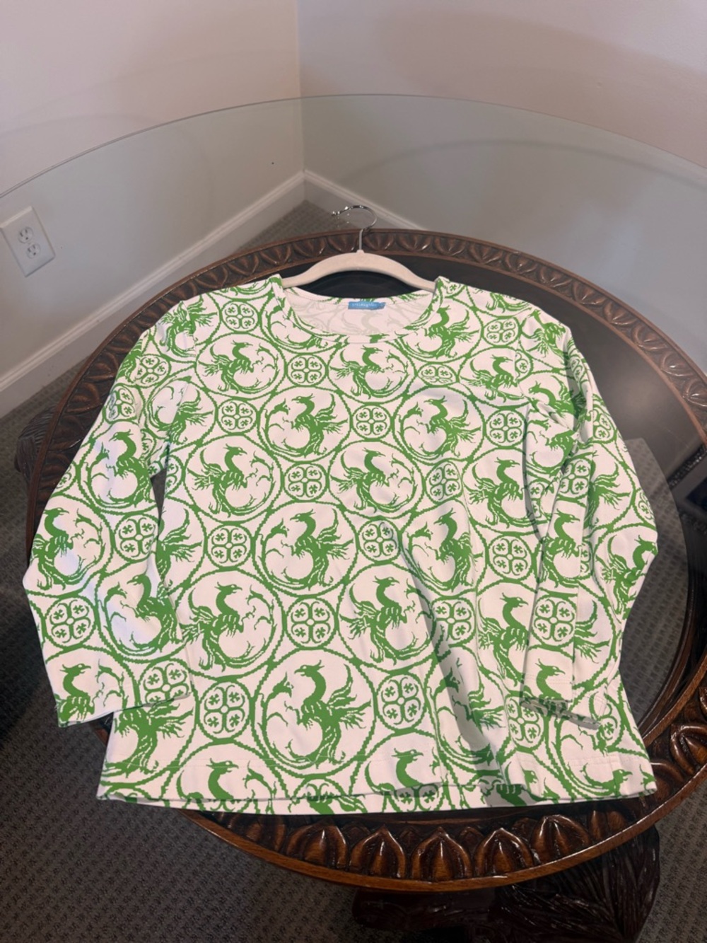 J. McLaughlin Green and White Long-Sleeve Patterned Top Dragon